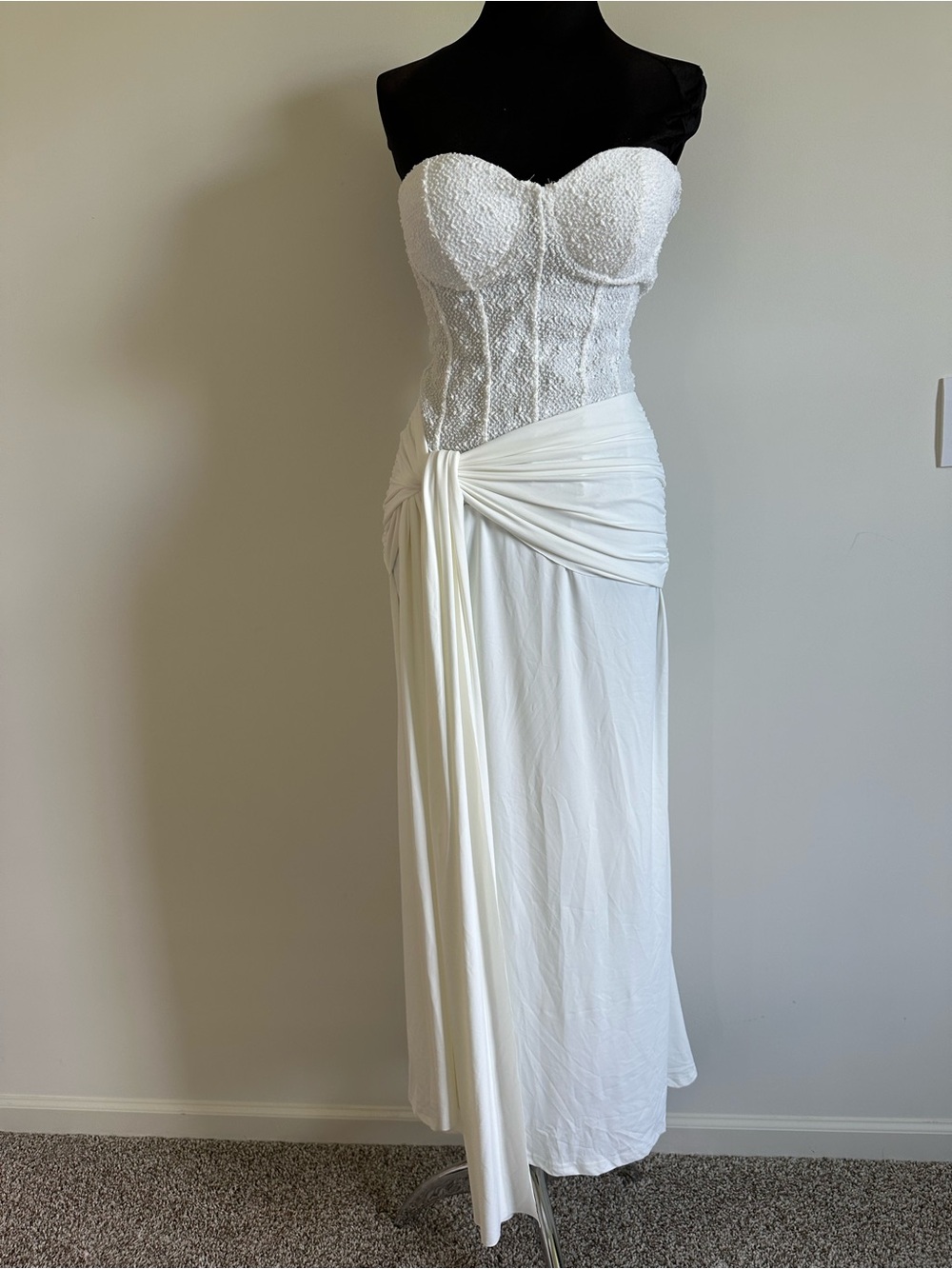 Strapless White Lace Bustier Maxi Dress with Draped Knot